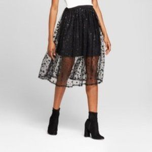 Women's Metallic Star Print Mesh Skirt - Black
